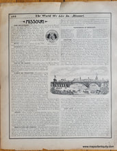 Load image into Gallery viewer, back side of page has informational text about Missouri and an illustration of the St Louis Bridge