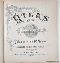 Load image into Gallery viewer, Title page of 'Atlas de Filipinas' with decorative elements and text.