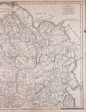 Load image into Gallery viewer, Antique map with original hand-drawn line color along the boundaries on the map in tones of green, yellow, orange