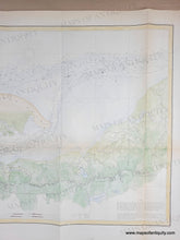 Load image into Gallery viewer, Antique coastal chart showing Sandy Neck and Barnstable Harbor with water depths, some road and building details, and notes about sailing and dangers of the area. Recently colored with green in most of the land except along the beach of Sandy Neck, and blue in the water.