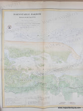 Load image into Gallery viewer, Antique coastal chart showing Sandy Neck and Barnstable Harbor with water depths, some road and building details, and notes about sailing and dangers of the area. Recently colored with green in most of the land except along the beach of Sandy Neck, and blue in the water.
