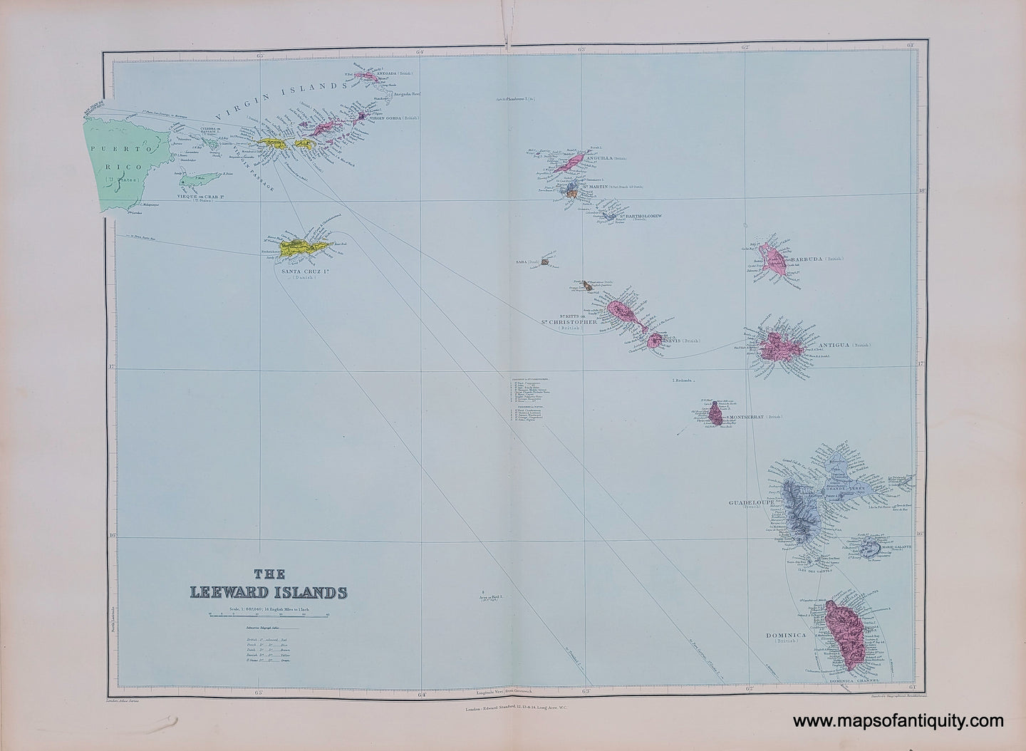 Antique-Map-The-Leeward-Islands-Caribbean-virgin-islands-st kitts-antigua-West-Indies--1904-Stanford-Maps-Of-Antiquity