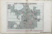 Load image into Gallery viewer, Antique-Map-Sheet-with-three-maps:-Centerfold--Map-of-the-Province-of-Manitoba-/-Verso-maps--Map-of-the-Province-of-New-Brunswick;-Map-of-the-Province-of-Nova-Scotia-1875-Walling-/-Tackabury-Canada-Civil-War-1800s-19th-century-Maps-of-Antiquity