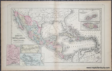 Load image into Gallery viewer, antique map of Mexico and Central America with inset details. Antique-Hand-Colored-Map-Double-sided-sheet-with-multiple-maps:-Centerfold---Map-of-Mexico-Central-America-and-the-West-Indies;-versos:-North-Western-America-showing-the-Territory-Ceded-by-Russia-to-the-United-States-/-Cuba-Caribbean--1885-Mitchell-Maps-Of-Antiquity-1800s-19th-century