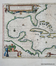 Load image into Gallery viewer, Hand-coloring in tones of green, yellow, red, and blue. Genuine-Antique-Map-Insulae-Americanae-in-Oceano-Septentrionali-cum-Terris-adiacentibus-1642-Blaeu-Maps-Of-Antiquity