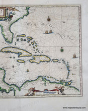 Load image into Gallery viewer, Hand-coloring in tones of green, yellow, red, and blue. Genuine-Antique-Map-Insulae-Americanae-in-Oceano-Septentrionali-cum-Terris-adiacentibus-1642-Blaeu-Maps-Of-Antiquity