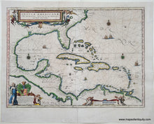 Load image into Gallery viewer, Hand-coloring in tones of green, yellow, red, and blue. Genuine-Antique-Map-Insulae-Americanae-in-Oceano-Septentrionali-cum-Terris-adiacentibus-1642-Blaeu-Maps-Of-Antiquity