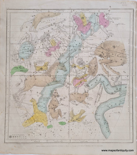 Antique star map chart The-Constellations-January-February-March-Antique-Celestial-Map-Sky-Stars-Zodiac-1835-Burritt