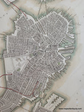 Load image into Gallery viewer, Antique map of Boston, mostly black and white with some hand-coloring along the coastline in blue-green and along train lines in red. Framed in a silver frame with a mat with French lines to match the map.