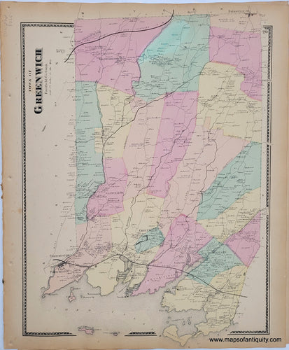 Antique-Map-Town-of-Greenwich-Connecticut-Connecticut-CT-1867-Beers-1860s-1800s-19th-century-Maps-of-Antiquity