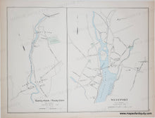 Load image into Gallery viewer, Antique map showing Sandy Hook / Rocky Glen on the left panel and Westport on the right panel, with light blue waterways, fine black and gray linework, and a cream paper background.