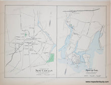 Load image into Gallery viewer, Antique map showing two panels: the left panel labeled 'Borough of New Canaan' and the right panel labeled 'Rowayton', with fine black linework, light blue water features, and a small green highlighted area on an off-white paper background.
