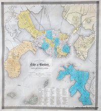 Load image into Gallery viewer, Antique map of Boston, Charlestown, South Boston, East Boston, and part of Roxbury and Cambridge, shown with north to the left of the page, with vibrant original colors of orange, blue, yellow, pink, and green to indicate parts of the city (wards). Bird Island, Governors Island, and Castle Island are at the bottom. SHows Boston's earliest railroads with tiny trains. Streets, the mill dam that eventually resulted in Back Bay. A list of important buildings and locations at bottom.