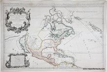Load image into Gallery viewer, Antique map of North America with decorative elements and text. Line color in green, red, orange, yellow. Genuine-Antique-Map-North-America-Amerique-Septentrionale-divisee-en-ses-principales-parties-scavoir-Les-Terres-Arcticques-Le-Canada-ou-Le-Nouvelle-France-Le-Mexique-ou-Nouvelle-Espagne-Le-Nouveau-Mexique-Les-Isles-de-Terre-Neuve-de-Californie-et-Antilles--1690-Jaillot-Maps-Of-Antiquity