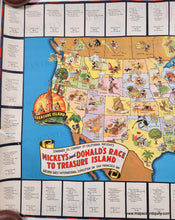 Load image into Gallery viewer, Left side close up. Vibrant map in tones of yellow, green, pink, purple, blue, and orange with bright blue water and illustrations of Mickey and Donald's adventures throughout the map. Genuine-Antique-Map-Mickeys-and-Donalds-Race-to-Treasure-Island--1939-Standard-Oil-Company-Maps-Of-Antiquity