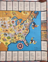 Load image into Gallery viewer, Right side close up. Vibrant map in tones of yellow, green, pink, purple, blue, and orange with bright blue water and illustrations of Mickey and Donald's adventures throughout the map. Genuine-Antique-Map-Mickeys-and-Donalds-Race-to-Treasure-Island--1939-Standard-Oil-Company-Maps-Of-Antiquity
