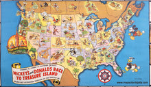 Load image into Gallery viewer, Middle close up. Vibrant map in tones of yellow, green, pink, purple, blue, and orange with bright blue water and illustrations of Mickey and Donald's adventures throughout the map. Genuine-Antique-Map-Mickeys-and-Donalds-Race-to-Treasure-Island--1939-Standard-Oil-Company-Maps-Of-Antiquity