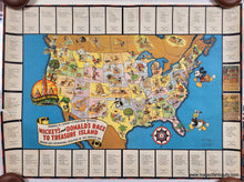 Load image into Gallery viewer, Vibrant map in tones of yellow, green, pink, purple, blue, and orange with bright blue water and illustrations of Mickey and Donald's adventures throughout the map. Genuine-Antique-Map-Mickeys-and-Donalds-Race-to-Treasure-Island--1939-Standard-Oil-Company-Maps-Of-Antiquity