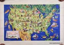 Load image into Gallery viewer, VIntage 1950s map in vibrant color with numerous illustrations of folktales and legends throughout. Bright blue ocean, green land, trees, ships, well known characters like Johnny Appleseed and Paul Bunyan. Antique-Printed-Color-Map-American-Folklore-&-Legends-c.-1950-John-Dukes-McKee-1900s-20th-century-Maps-of-Antiquity