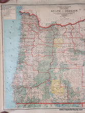 Load image into Gallery viewer, close up left side. Map in muted classic tones of green, yellow, orange, red. Genuine-Antique-Map-The-State-of-Oregon-1922-General-Land-Office-Maps-Of-Antiquity