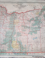 Load image into Gallery viewer, close up center. Map in muted classic tones of green, yellow, orange, red. Genuine-Antique-Map-The-State-of-Oregon-1922-General-Land-Office-Maps-Of-Antiquity