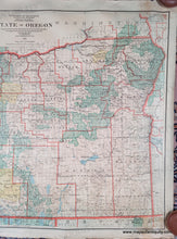 Load image into Gallery viewer, close up right side. Map in muted classic tones of green, yellow, orange, red. Genuine-Antique-Map-The-State-of-Oregon-1922-General-Land-Office-Maps-Of-Antiquity
