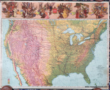 Load image into Gallery viewer, Map with vibrant original color in tones of red, pink, yellow, orange, and green, with blue ocean. Genuine-Antique-Map-Ohmans-New-Relief-Map-of-the-United-States-1942-The-Ohman-Co--Maps-Of-Antiquity
