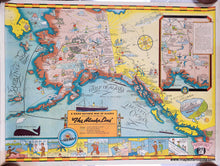 Load image into Gallery viewer, Vibrant printed color in tones of red yellow and blue. Genuine-Antique-Map-A-Good-Natured-Map-of-Alaska-Showing-the-Services-Offered-by-The-Alaska-Line-1940-Edward-Camy-Alaska-Steamship-company-Maps-Of-Antiquity
