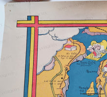 Load image into Gallery viewer, Close up of tear also shows red yellow blue border. Vibrant colored map with bright blue in water and yellow tan for land with illustrations throughout. Genuine-Antique-Map-Mount-Hood-Loop-Oregon-1930s-Marguerite-Gillespie-Maps-Of-Antiquity