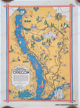 Load image into Gallery viewer, Vibrant colored map with bright blue in water and yellow tan for land with illustrations throughout. Genuine-Antique-Map-Mount-Hood-Loop-Oregon-1930s-Marguerite-Gillespie-Maps-Of-Antiquity
