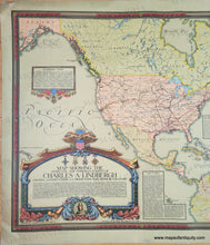 Load image into Gallery viewer, Left side close-up. Colorful map showing Alaska to Brazil and Norway to Nigeria with color-coded lines indicating various flights. Text blocks are scattered throughout and a few handsome illustrations show ships and a plane. Genuine-Antique-Map-Map-Showing-The-Overland-And-Overseas-Flights-of-Charles-A-Lindbergh-1928-Ernest-Clegg-Maps-Of-Antiquity