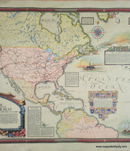 Load image into Gallery viewer, Center close-up. Colorful map showing Alaska to Brazil and Norway to Nigeria with color-coded lines indicating various flights. Text blocks are scattered throughout and a few handsome illustrations show ships and a plane. Genuine-Antique-Map-Map-Showing-The-Overland-And-Overseas-Flights-of-Charles-A-Lindbergh-1928-Ernest-Clegg-Maps-Of-Antiquity