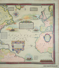 Load image into Gallery viewer, Right side close-up. Colorful map showing Alaska to Brazil and Norway to Nigeria with color-coded lines indicating various flights. Text blocks are scattered throughout and a few handsome illustrations show ships and a plane. Genuine-Antique-Map-Map-Showing-The-Overland-And-Overseas-Flights-of-Charles-A-Lindbergh-1928-Ernest-Clegg-Maps-Of-Antiquity