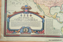 Load image into Gallery viewer, Title close-up. Colorful map showing Alaska to Brazil and Norway to Nigeria with color-coded lines indicating various flights. Text blocks are scattered throughout and a few handsome illustrations show ships and a plane. Genuine-Antique-Map-Map-Showing-The-Overland-And-Overseas-Flights-of-Charles-A-Lindbergh-1928-Ernest-Clegg-Maps-Of-Antiquity