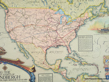 Load image into Gallery viewer, USA close-up. Colorful map showing Alaska to Brazil and Norway to Nigeria with color-coded lines indicating various flights. Text blocks are scattered throughout and a few handsome illustrations show ships and a plane. Genuine-Antique-Map-Map-Showing-The-Overland-And-Overseas-Flights-of-Charles-A-Lindbergh-1928-Ernest-Clegg-Maps-Of-Antiquity