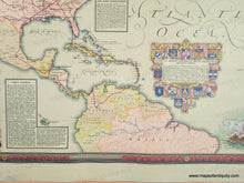 Load image into Gallery viewer, Caribbean close-up. Colorful map showing Alaska to Brazil and Norway to Nigeria with color-coded lines indicating various flights. Text blocks are scattered throughout and a few handsome illustrations show ships and a plane. Genuine-Antique-Map-Map-Showing-The-Overland-And-Overseas-Flights-of-Charles-A-Lindbergh-1928-Ernest-Clegg-Maps-Of-Antiquity