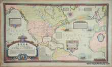 Load image into Gallery viewer, Colorful map showing Alaska to Brazil and Norway to Nigeria with color-coded lines indicating various flights. Text blocks are scattered throughout and a few handsome illustrations show ships and a plane. Genuine-Antique-Map-Map-Showing-The-Overland-And-Overseas-Flights-of-Charles-A-Lindbergh-1928-Ernest-Clegg-Maps-Of-Antiquity