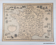 Load image into Gallery viewer, Map of France from the 1930s with detailed illustrations of buildings throughout. The paper is a light tan color from age and there is a light blue color printed in the ocean and some other small areas around the border. Light green printed color in the greenery around the title