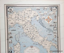 Load image into Gallery viewer, Antique map of Italy from the 1930s with original printed color including blue in the ocean and red artfully included throughout. Map is filled with detailed illustrations of notable buildings and places.