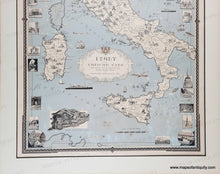 Load image into Gallery viewer, Antique map of Italy from the 1930s with original printed color including blue in the ocean and red artfully included throughout. Map is filled with detailed illustrations of notable buildings and places.