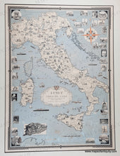 Load image into Gallery viewer, Antique map of Italy from the 1930s with original printed color including blue in the ocean and red artfully included throughout. Map is filled with detailed illustrations of notable buildings and places.