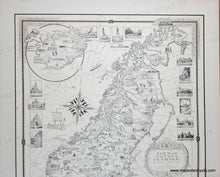 Load image into Gallery viewer, Black and white map of Scandinavia with Norway, Sweden, Denmark, and Iceland filled with detailed illustrations of notable buildings from the 1930s.