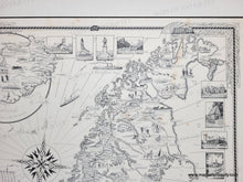 Load image into Gallery viewer, Black and white map of Scandinavia with Norway, Sweden, Denmark, and Iceland filled with detailed illustrations of notable buildings from the 1930s.