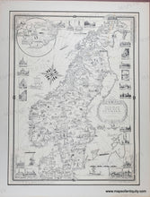 Load image into Gallery viewer, Black and white map of Scandinavia with Norway, Sweden, Denmark, and Iceland filled with detailed illustrations of notable buildings from the 1930s.