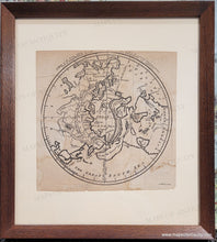 Load image into Gallery viewer, Antique map of the North Pole polar region, uncolored, framed in brown wood frame. Genuine-Antique-Map-Framed-A-Map-of-the-Icy-Sea-in-which-the-several-Communications-with-the-Land-Waters-and-other-new-Discoveries-are-exhibited-1760-Gibson-Gentlemans-Magazine-Maps-Of-Antiquity
