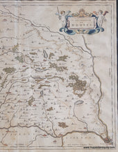 Load image into Gallery viewer, Antique map of the Dombes region of France with decorative title at top, original coloring in green, red, brown, blue, yellow. Framed in black and gold frame.