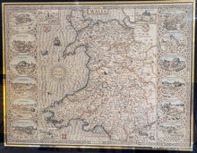 Load image into Gallery viewer, Antique map of Wales with illustrations and original coloring in blue, red, orange