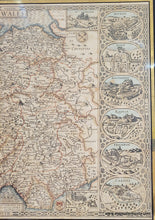 Load image into Gallery viewer, Antique map of Wales with illustrations and original coloring in blue, red, orange