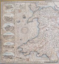 Load image into Gallery viewer, Antique map of Wales with illustrations and original coloring in blue, red, orange