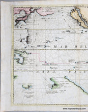 Load image into Gallery viewer, Antique map of the Pacific and surrounding regions with routes of explorers and decorative elements. Vibrant color.